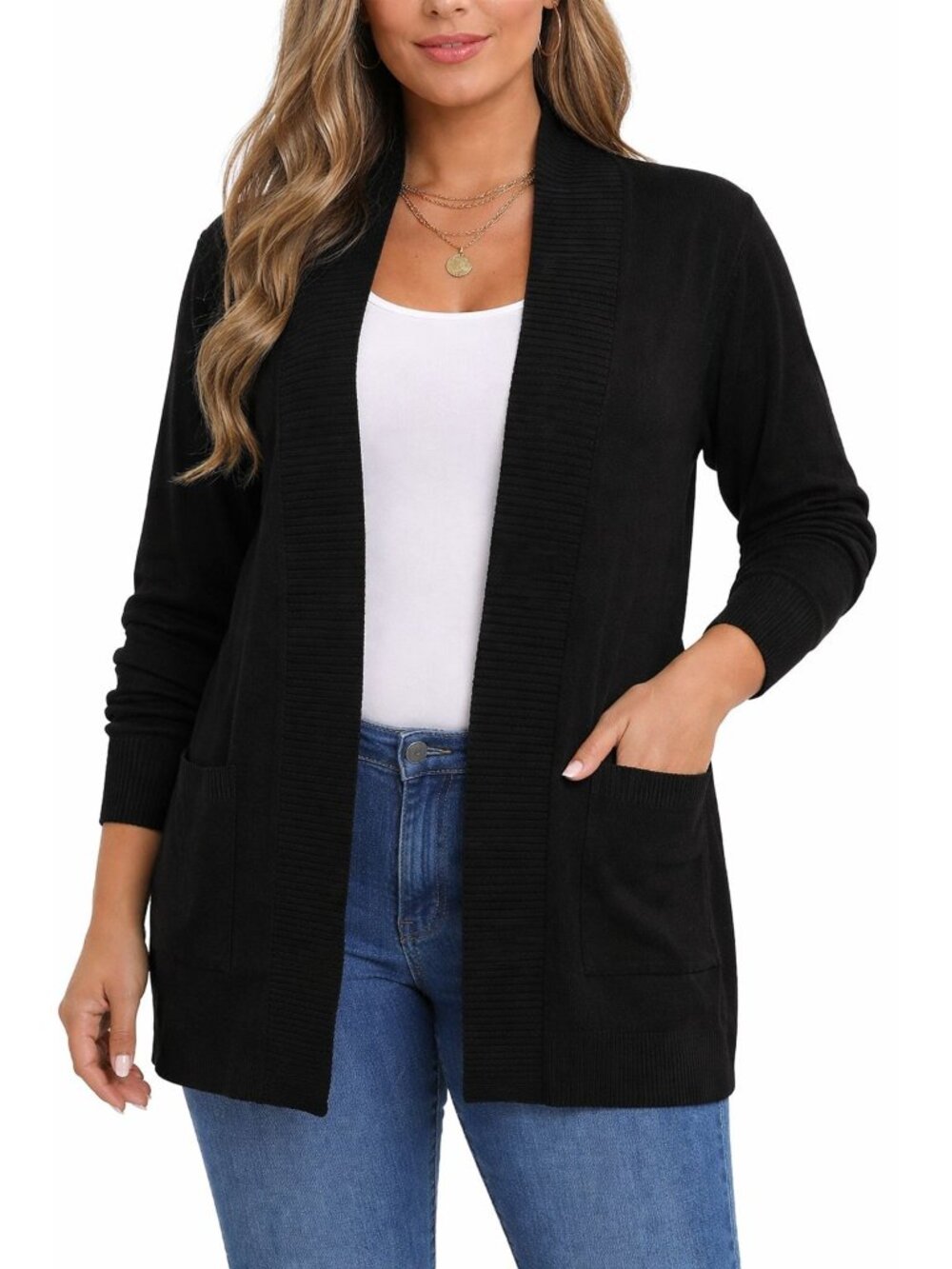 Womens Black Cardigan Size L Open Front Knit Lightweight Casual Layer
